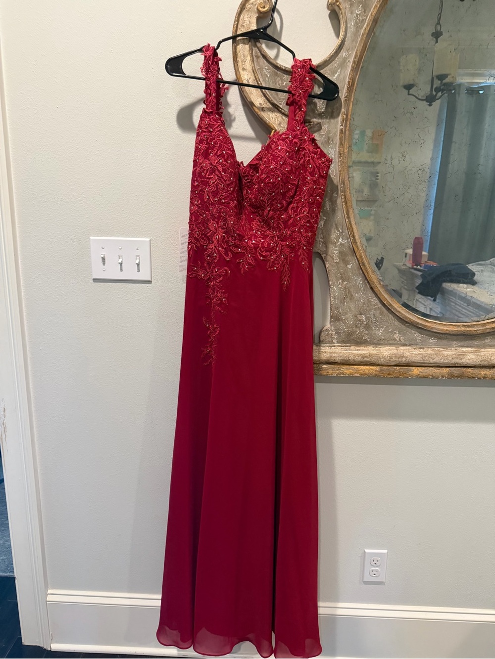 JJs House Red Beaded Lace Bodice Evening Gown